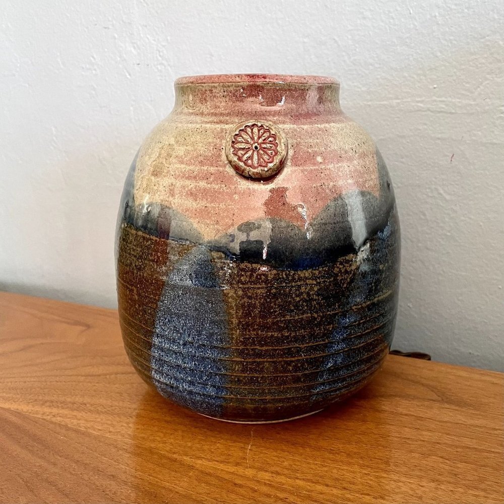 Vintage Signed JL Studio Art Pottery Vase Glazed Multi Farmhouse Boho Rustic